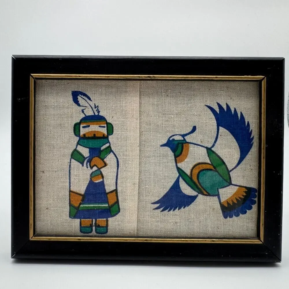 Vintage Southwest Kachina Native Style Textile Color Block Bird Wall Art